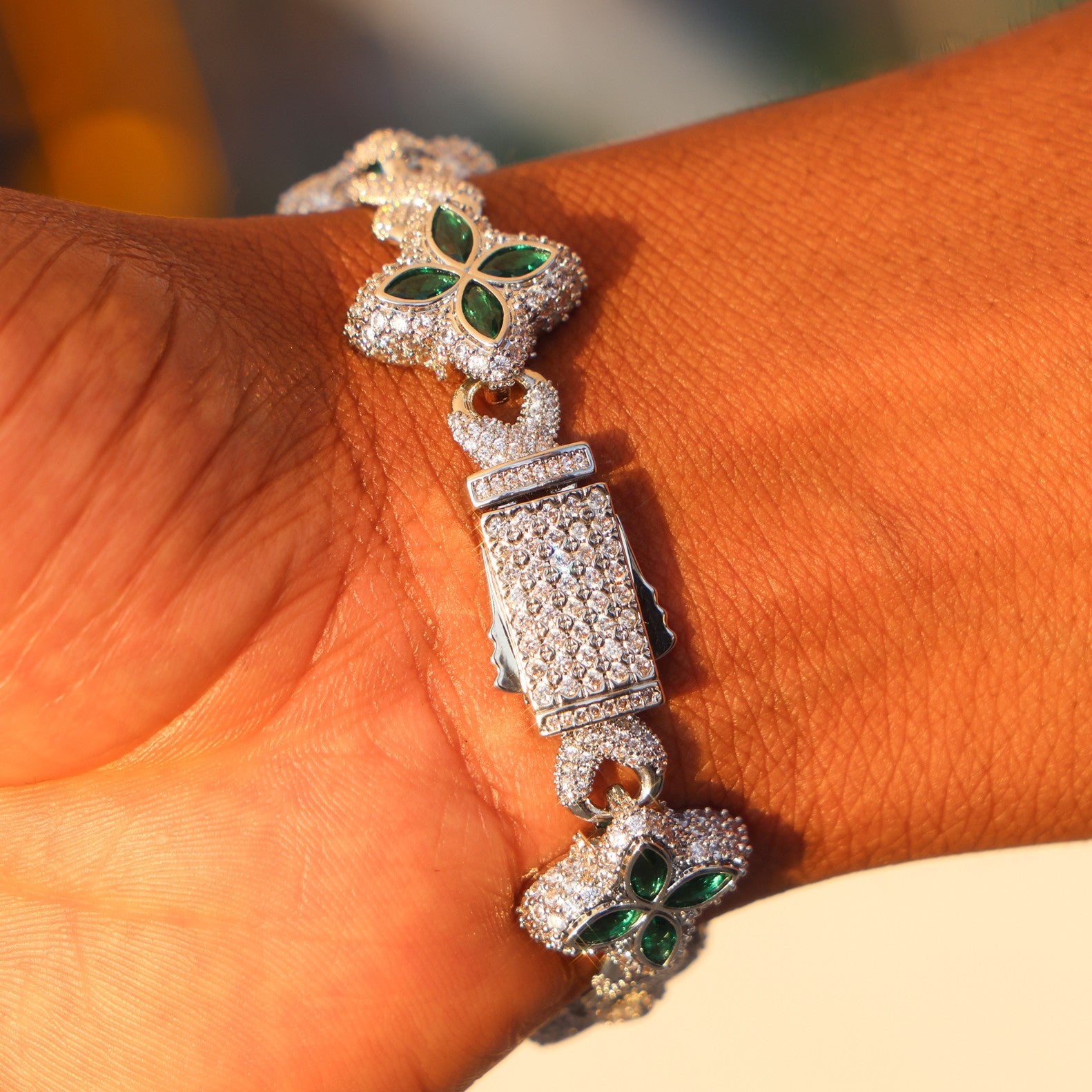 Iced Green Clover Link Bracelet - White Gold