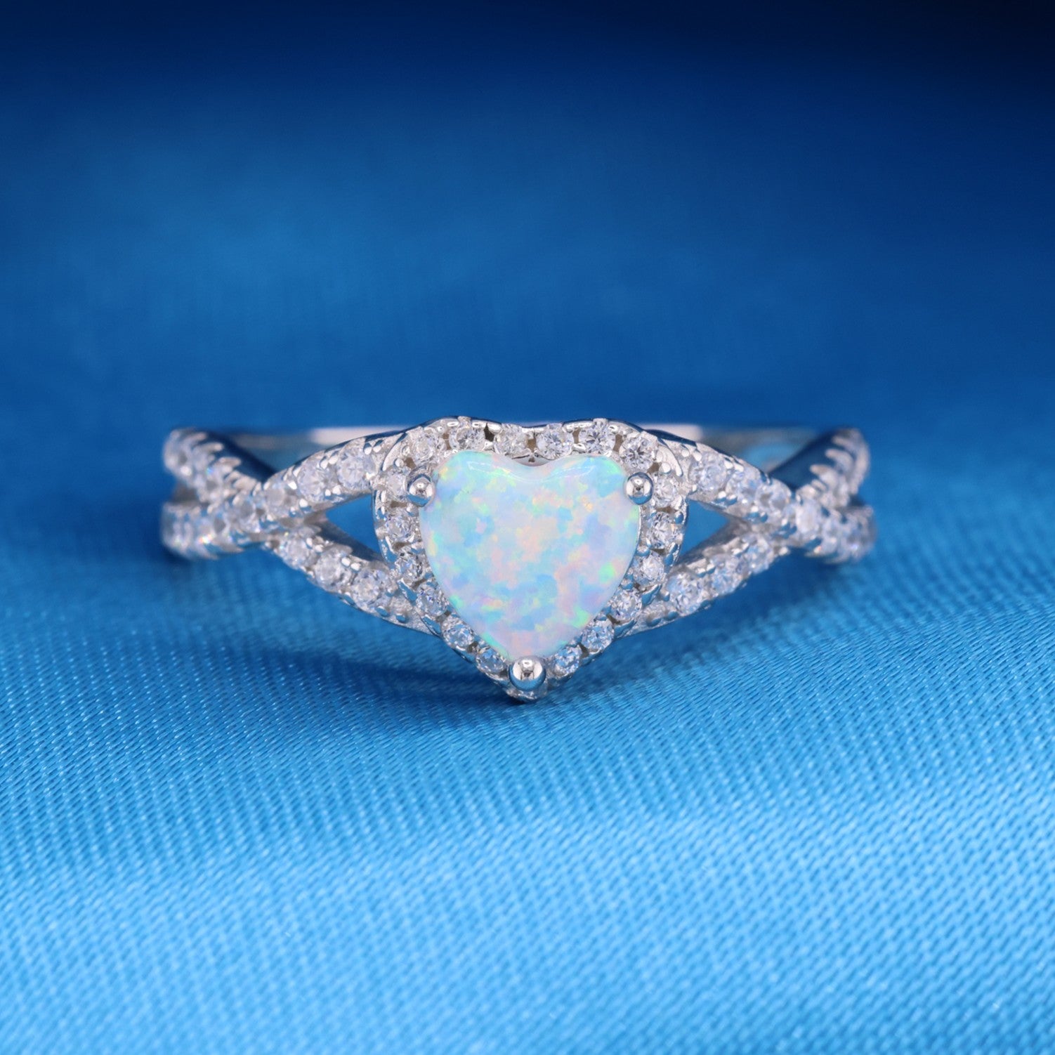 Light Blue Opal Heart Infinity CZ Diamond Ring - 925 Silver