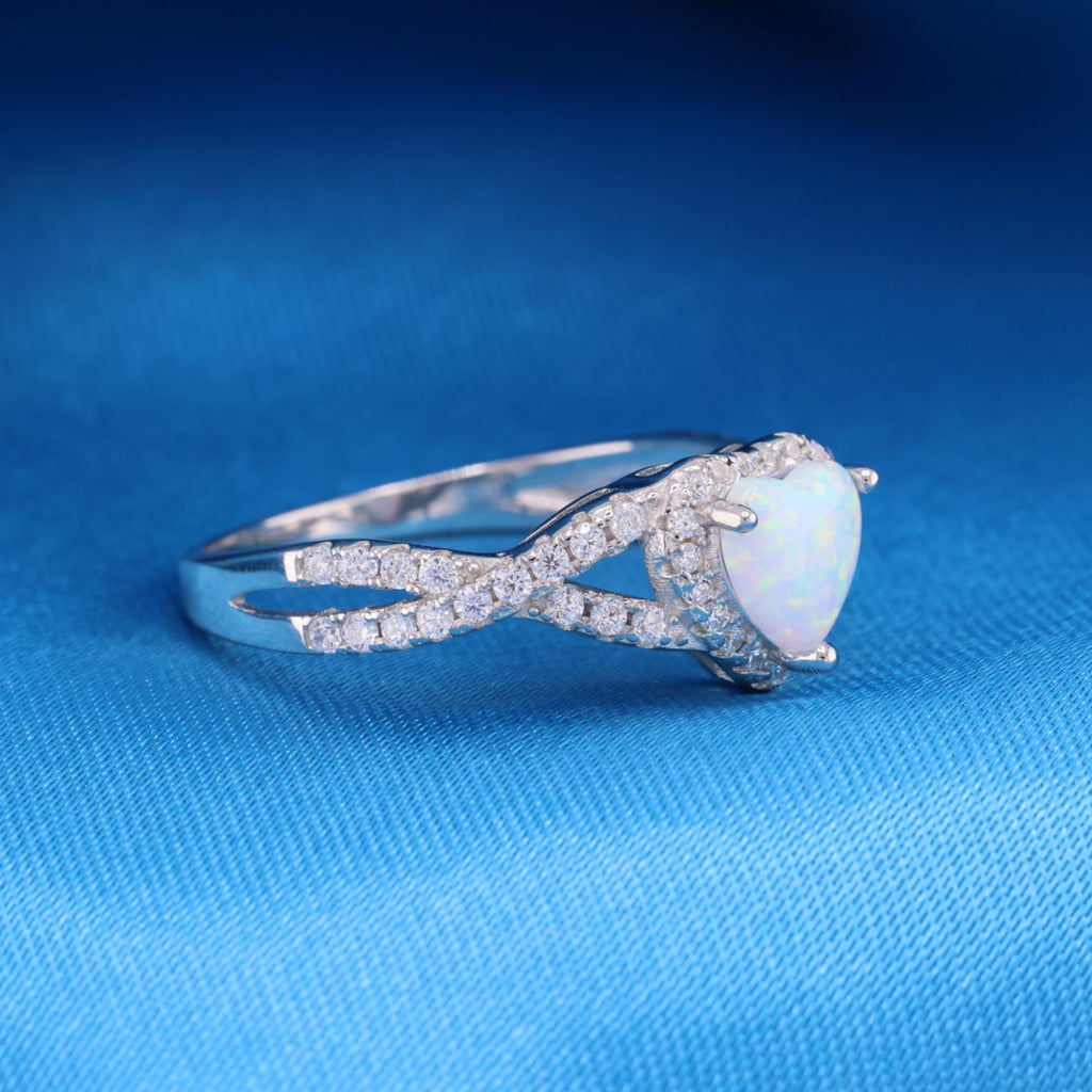 Light Blue Opal Heart Infinity CZ Diamond Ring - 925 Silver