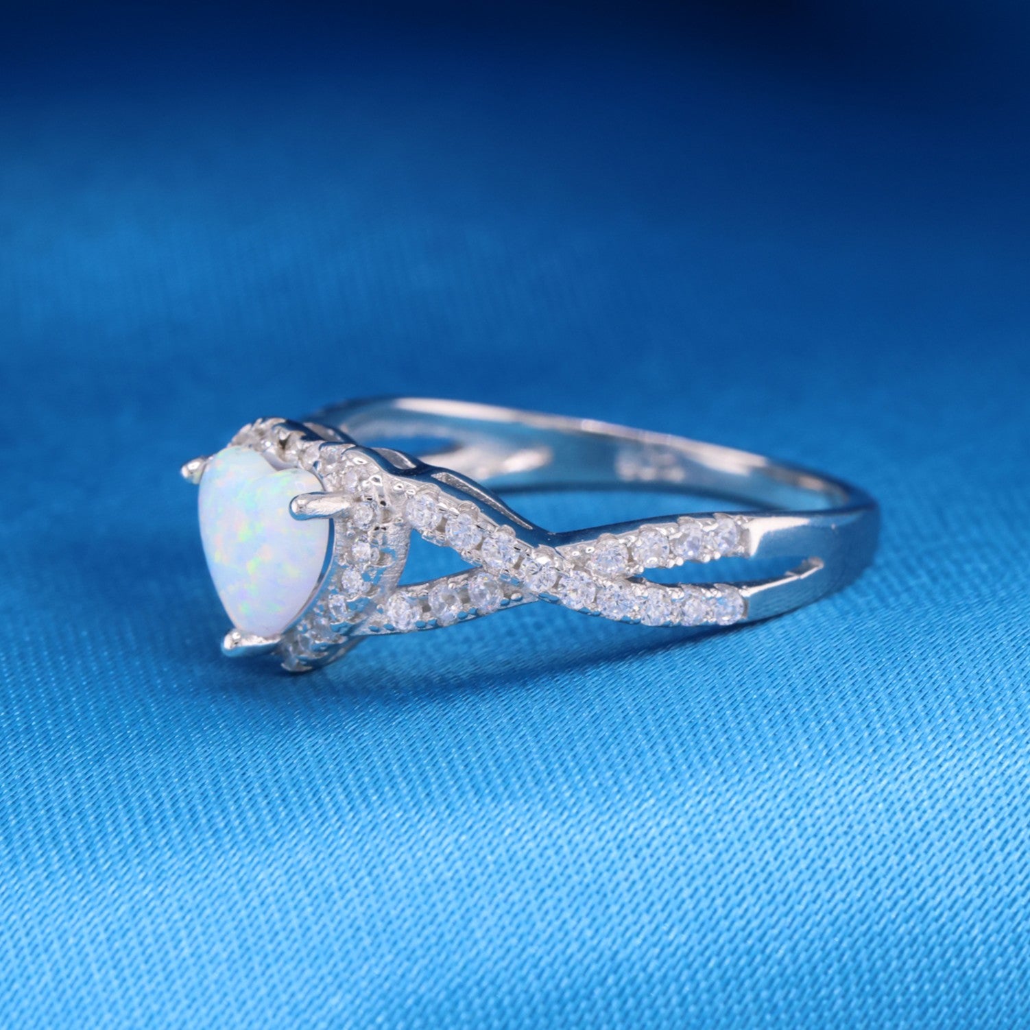 Light Blue Opal Heart Infinity CZ Diamond Ring - 925 Silver