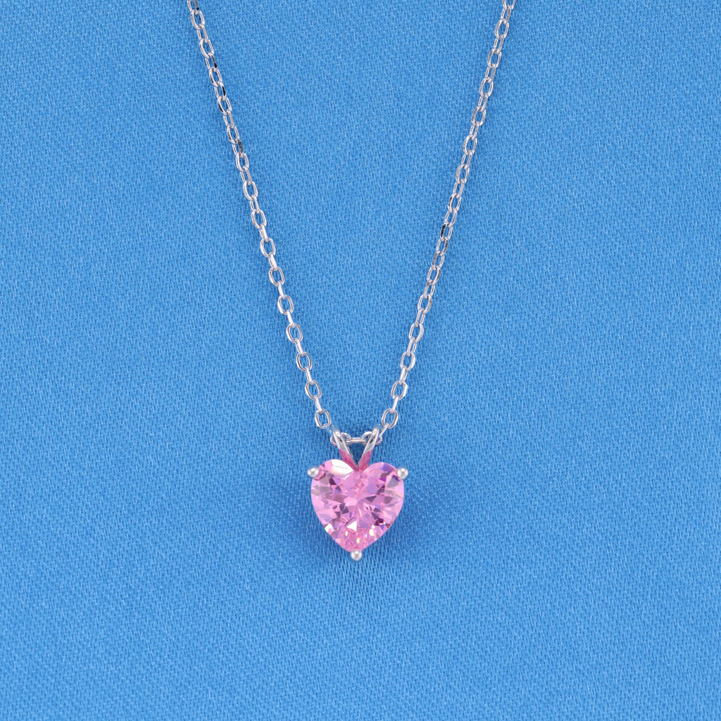 Small Pink Heart CZ Necklace - 925 Silver