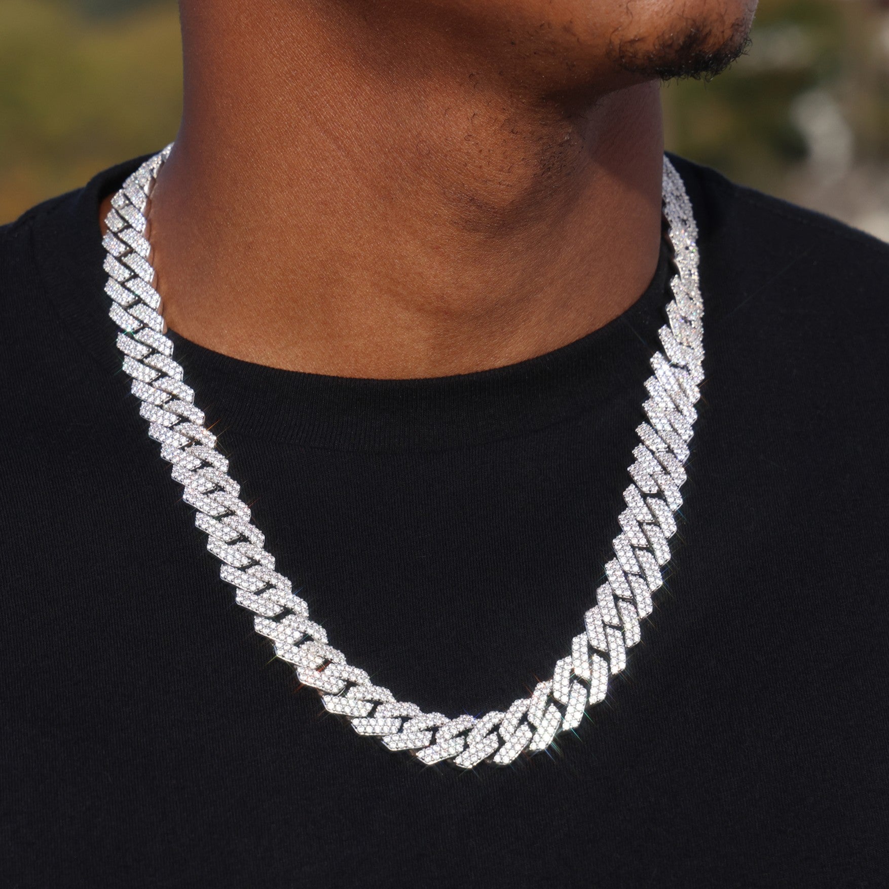 13mm Diamond Prong Link Cuban Chain - 925 Silver