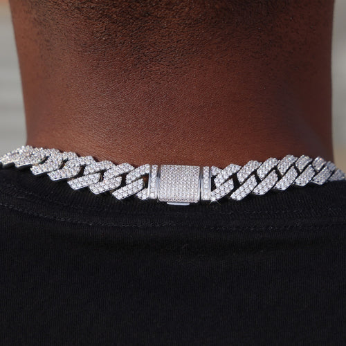 13mm Diamond Prong Link Cuban Chain - 925 Silver