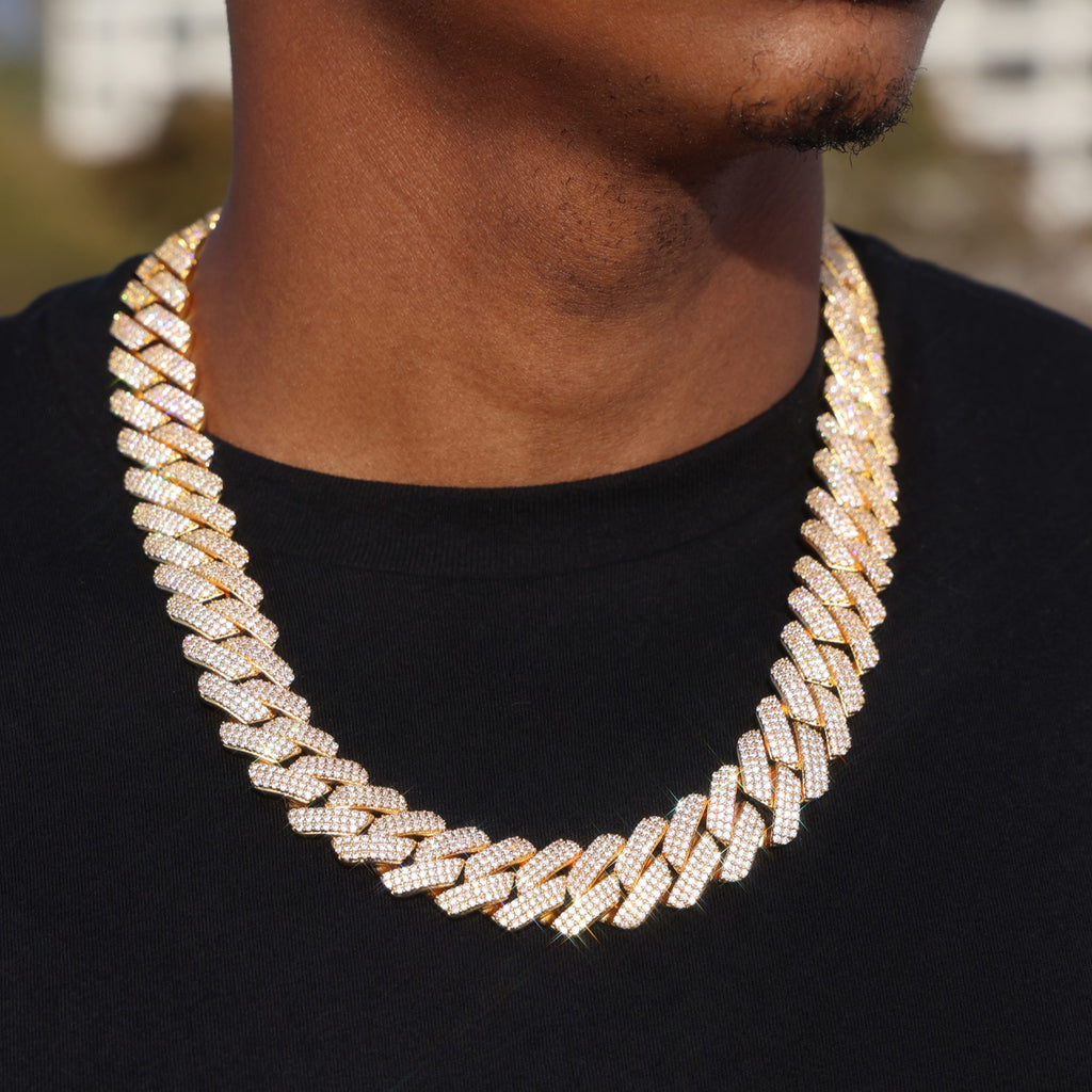 19mm Moissanite Prong Link Cuban Chain - Gold over 925 Silver