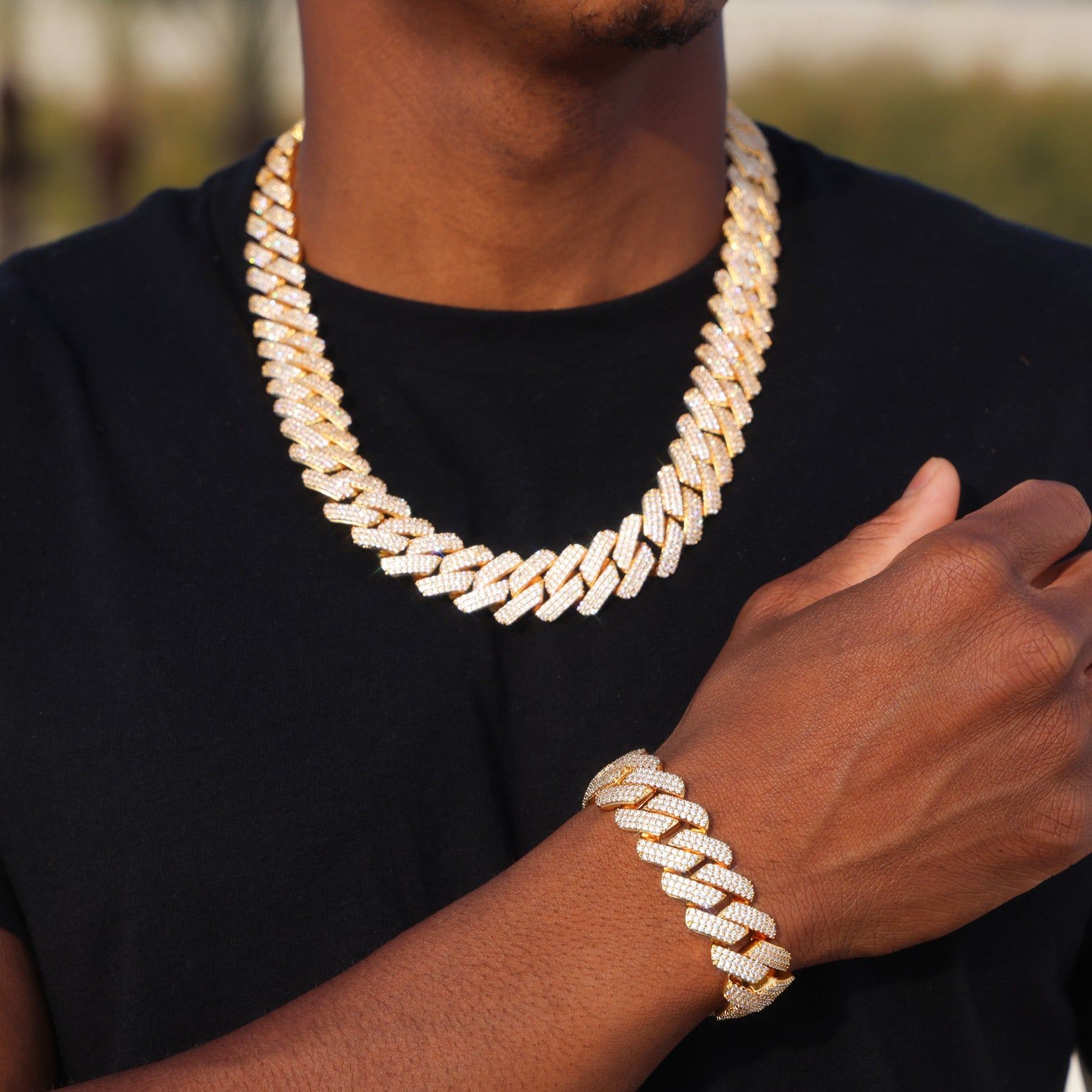 19mm Diamond Prong Link Chain + Bracelet Bundle - Gold