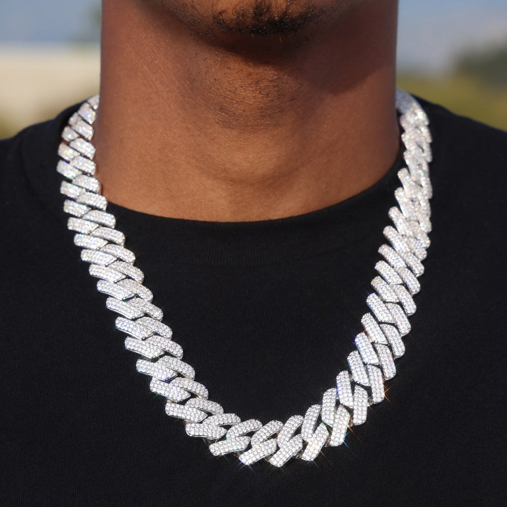 19mm Diamond Prong Link Cuban Chain - White Gold