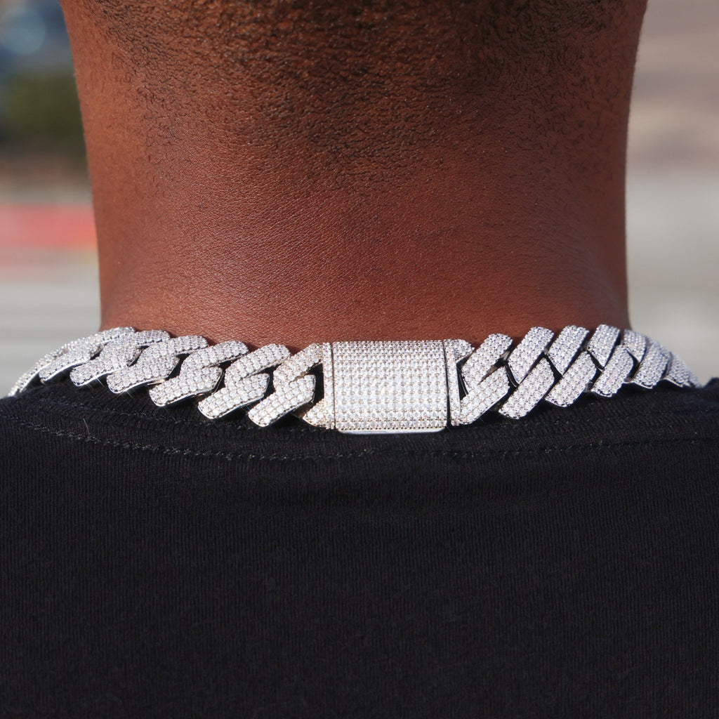 19mm Moissanite Prong Link Cuban Chain - 925 Silver