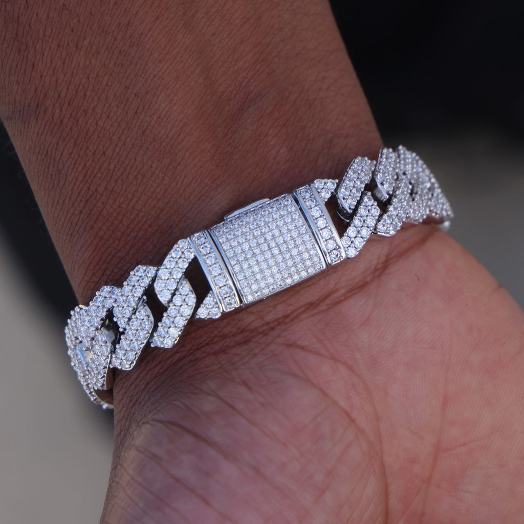 13mm Moissanite Prong Link Cuban Bracelet - 925 Silver