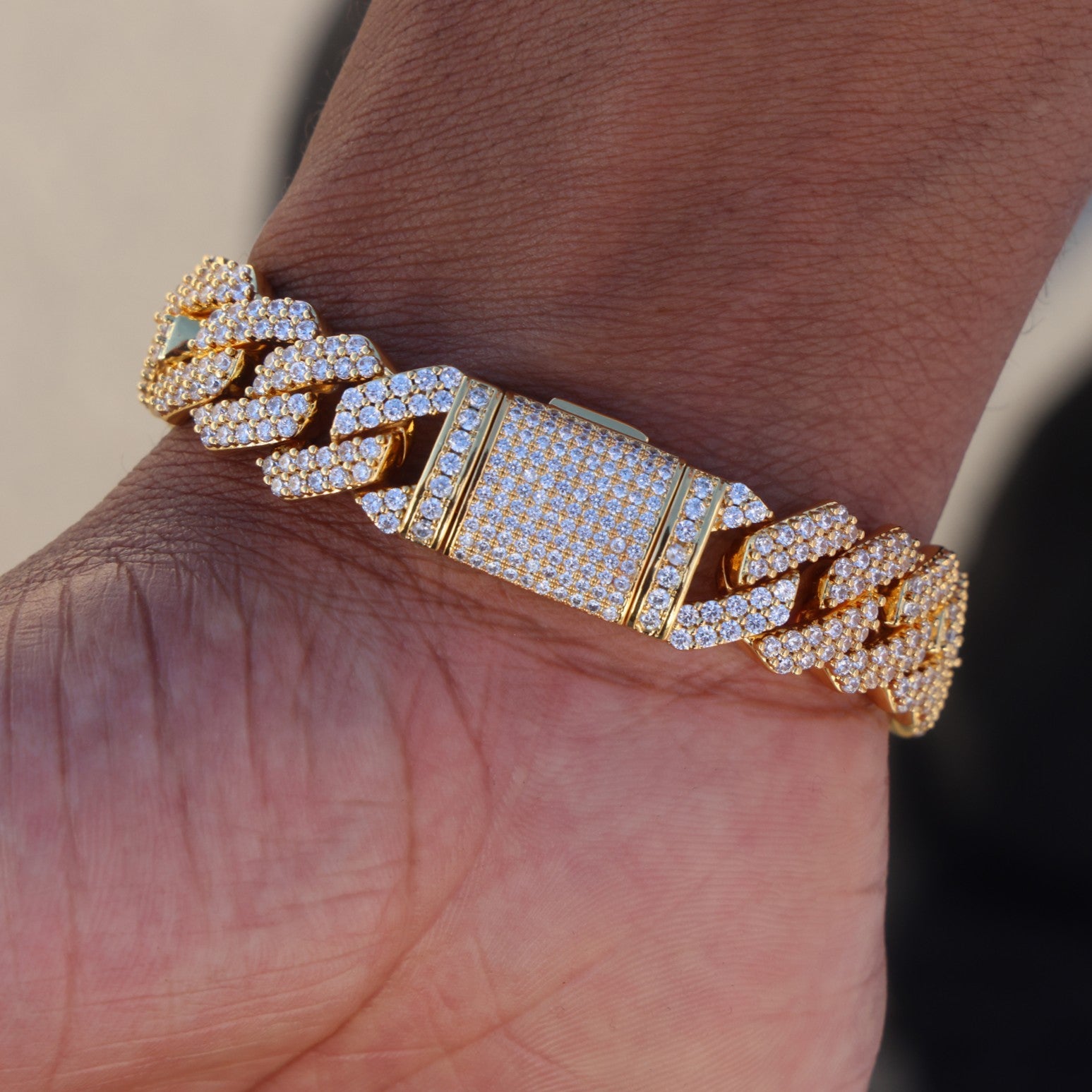 13mm Diamond Prong Link Cuban Bracelet - Gold