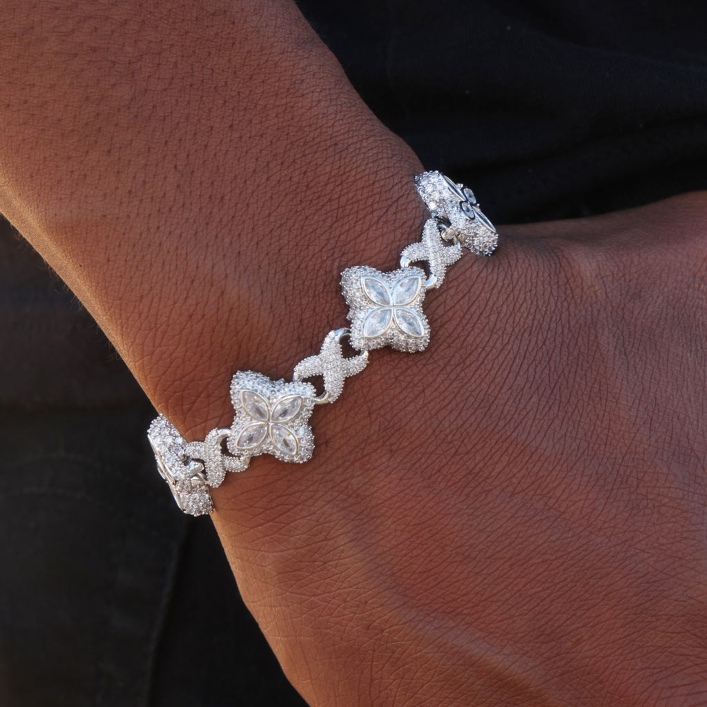 Iced Clover Link Bracelet - White Gold