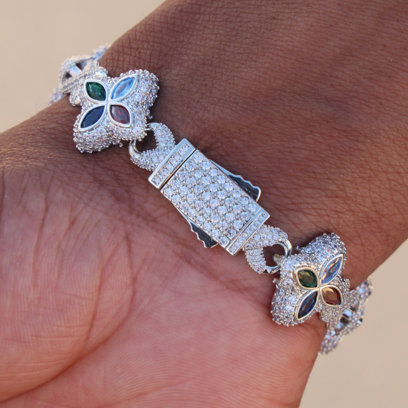 Iced Multi-Color Clover Link Bracelet - White Gold