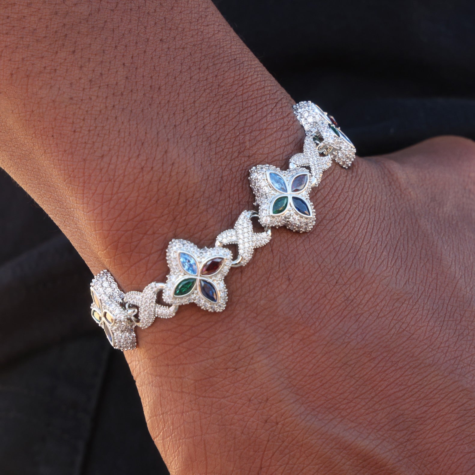 Iced Multi-Color Clover Link Bracelet - White Gold