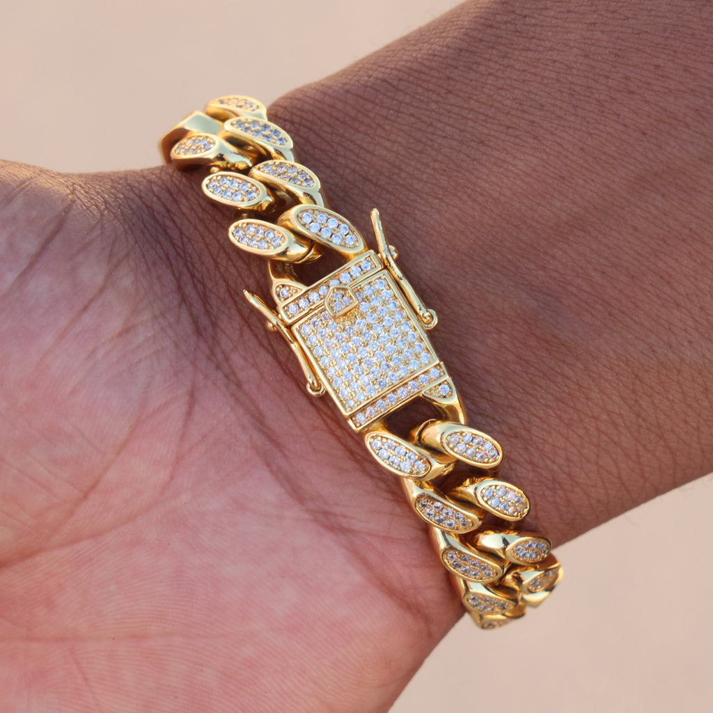 12mm Iced Out Miami Cuban Bracelet - Gold