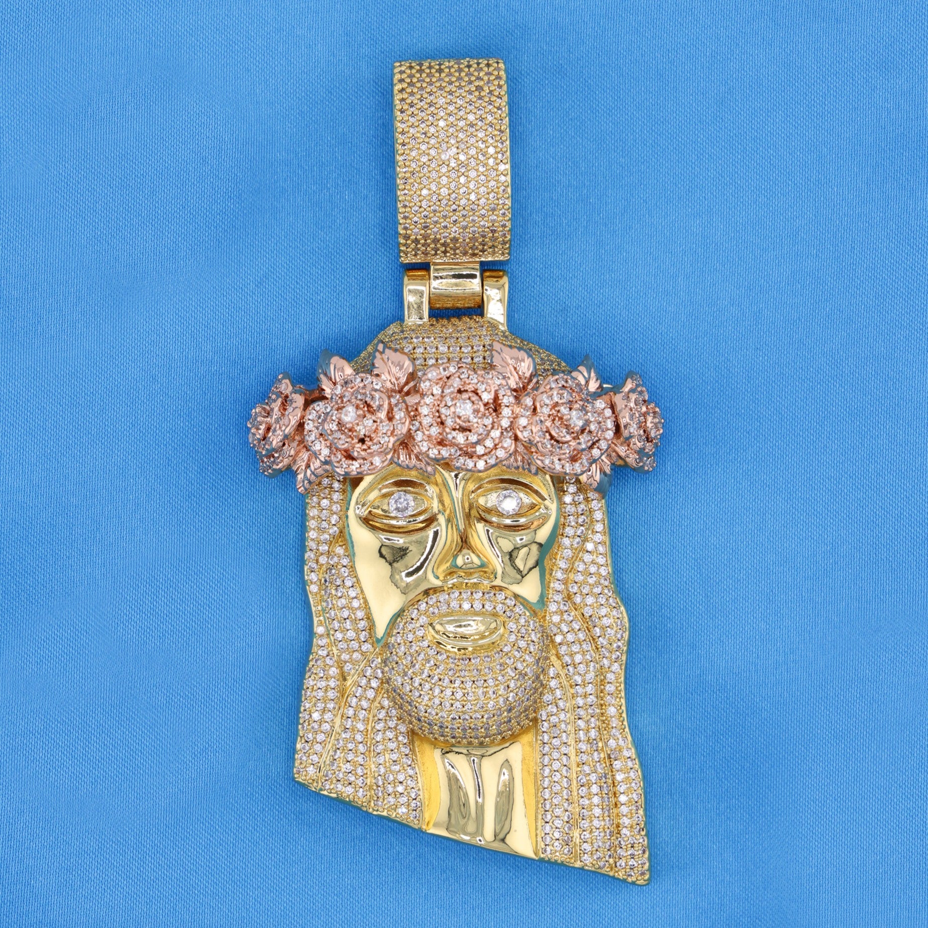 Big Rose Gold Crown Jesus Pendant - Gold
