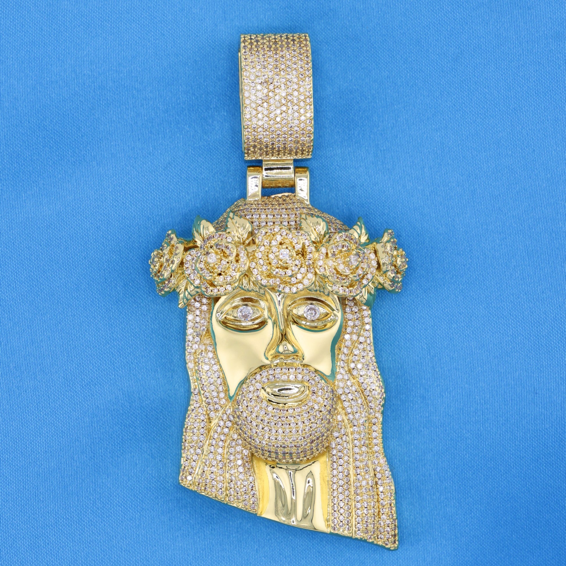 Big Rose Crown Jesus Pendant - Gold
