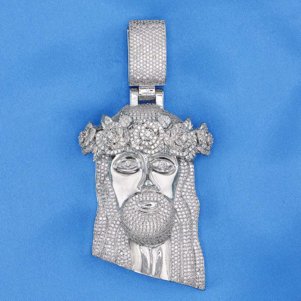 Big Rose Crown Jesus Pendant - White Gold