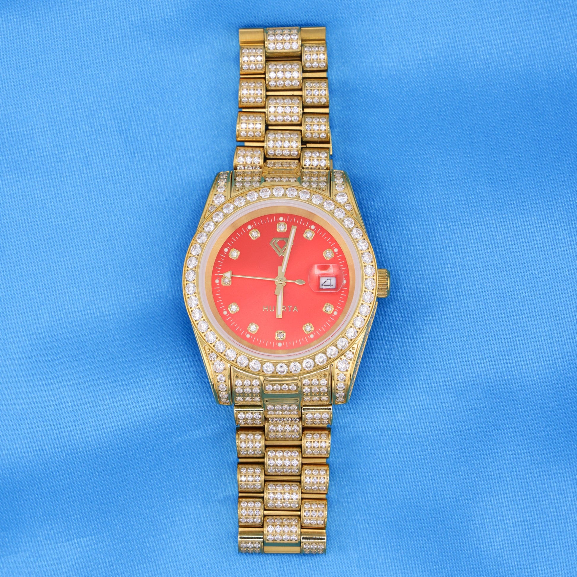 Iced Red Dial Watch - Gold