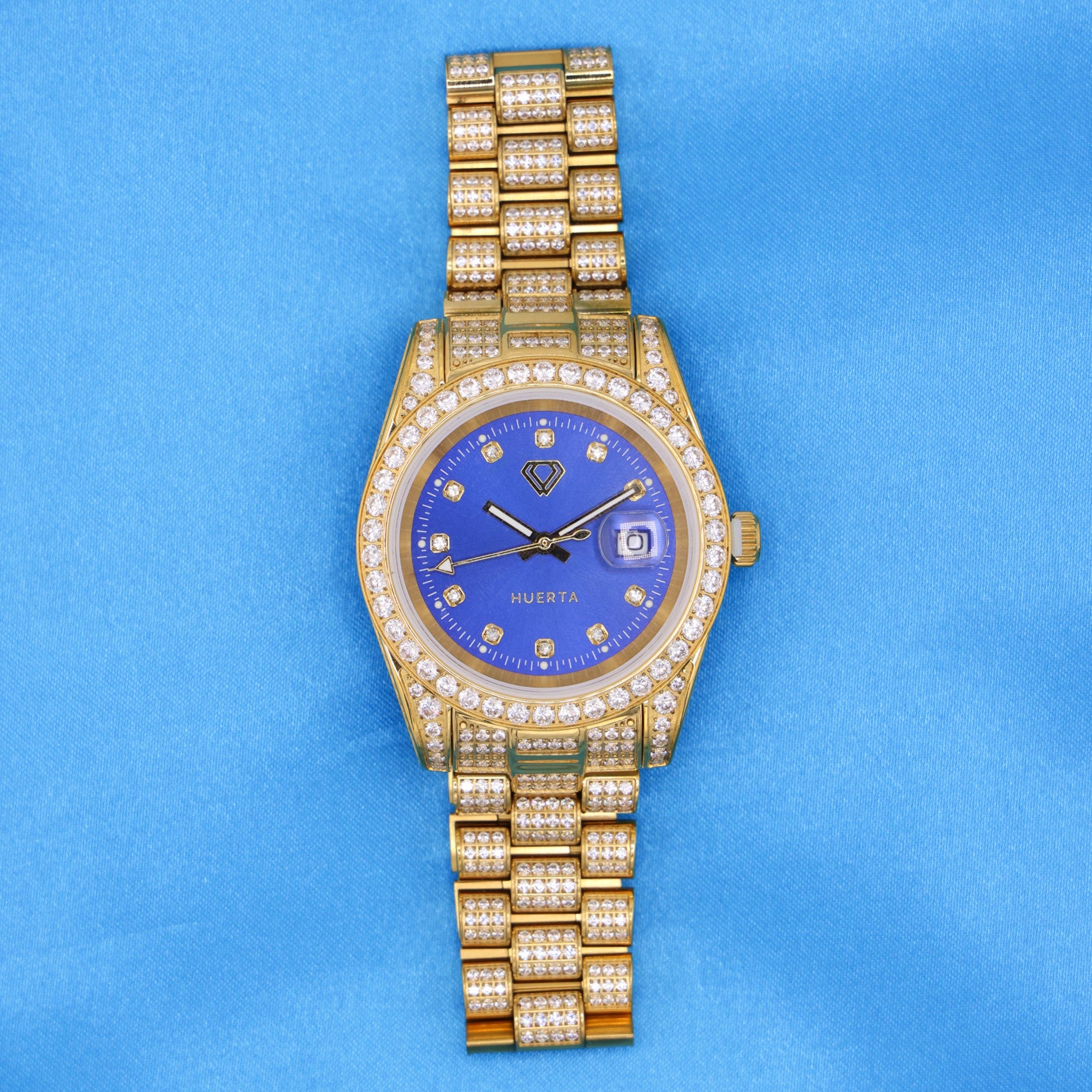 Iced Blue Dial Watch - Gold