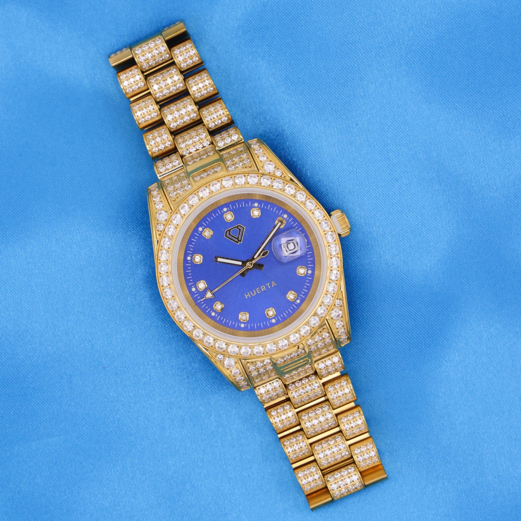 Iced Blue Dial Watch - Gold