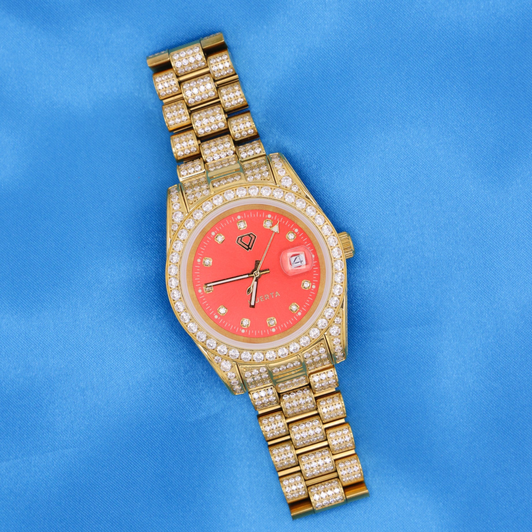 Iced Red Dial Watch - Gold