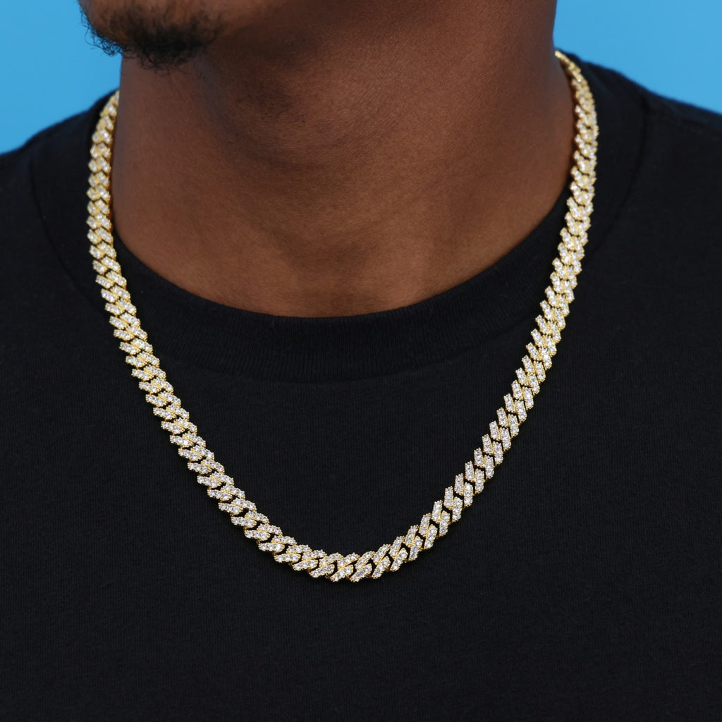 8mm Diamond Prong Link Cuban Chain - Gold