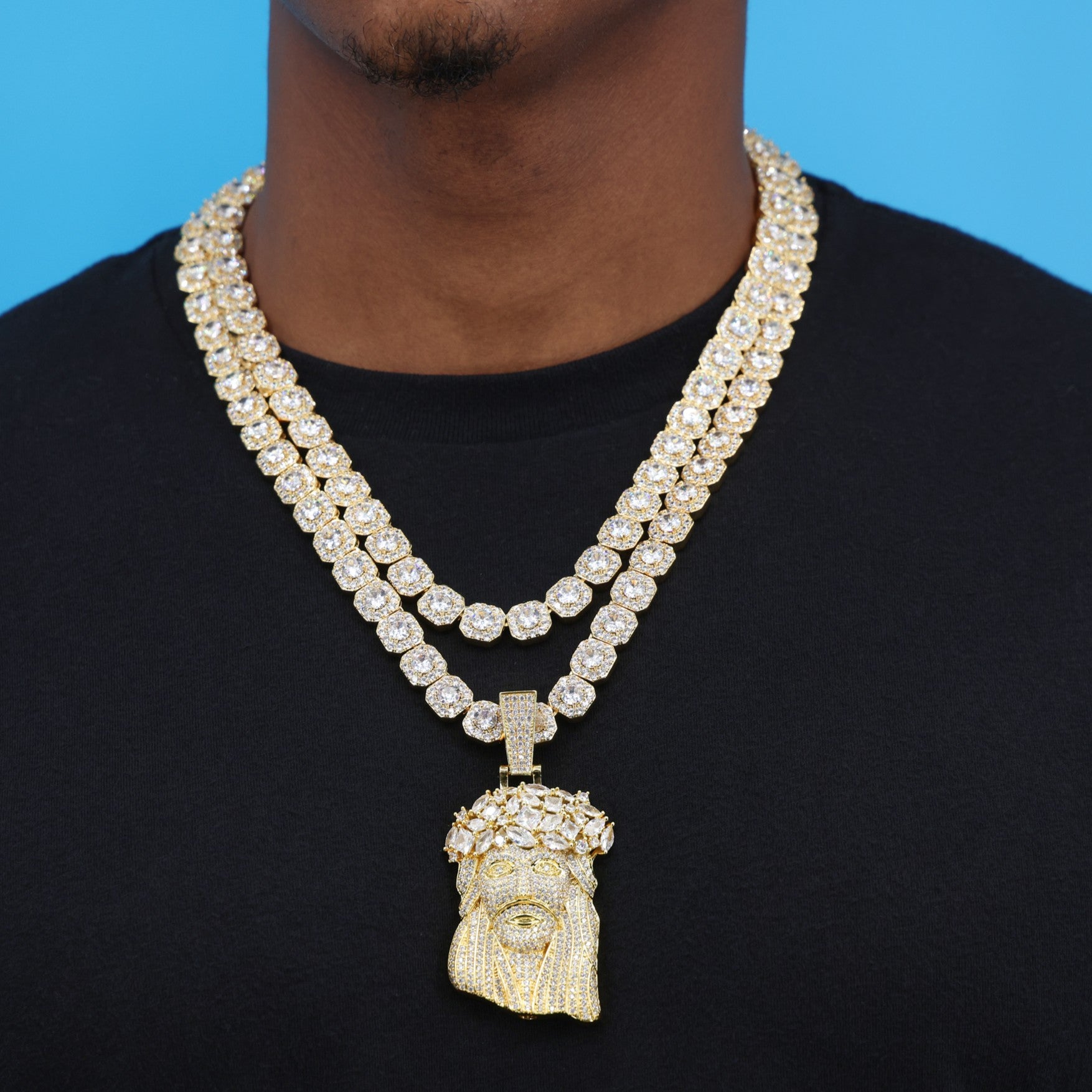 Clustered Tennis Gemstone Jesus Layered Bundle - Gold