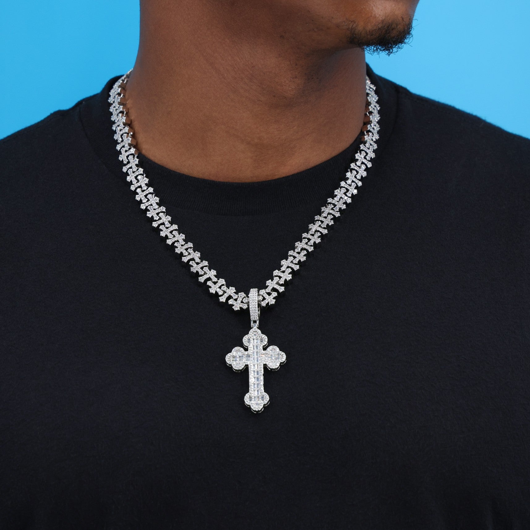 Iced Baguette Budded Cross Pendant - White Gold