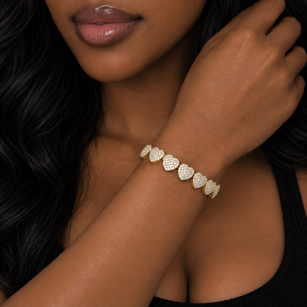 Fully Iced Out Heart Bracelet - Gold