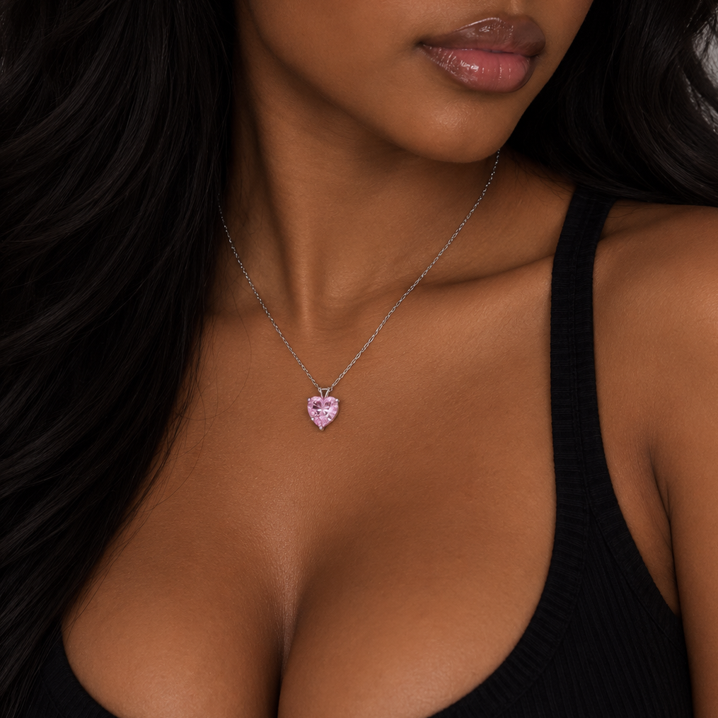 Small Pink Heart CZ Necklace - 925 Silver